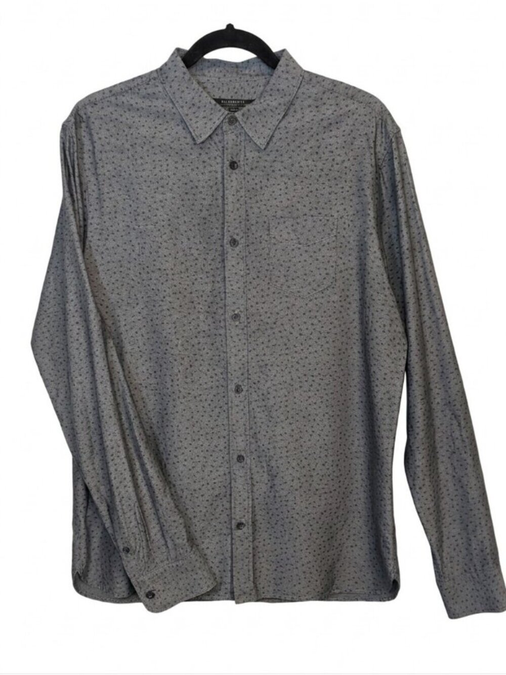 All Saints Long Sleeve Shirt Cotton Button Down Arrow Print Mens Large Gray FLAW